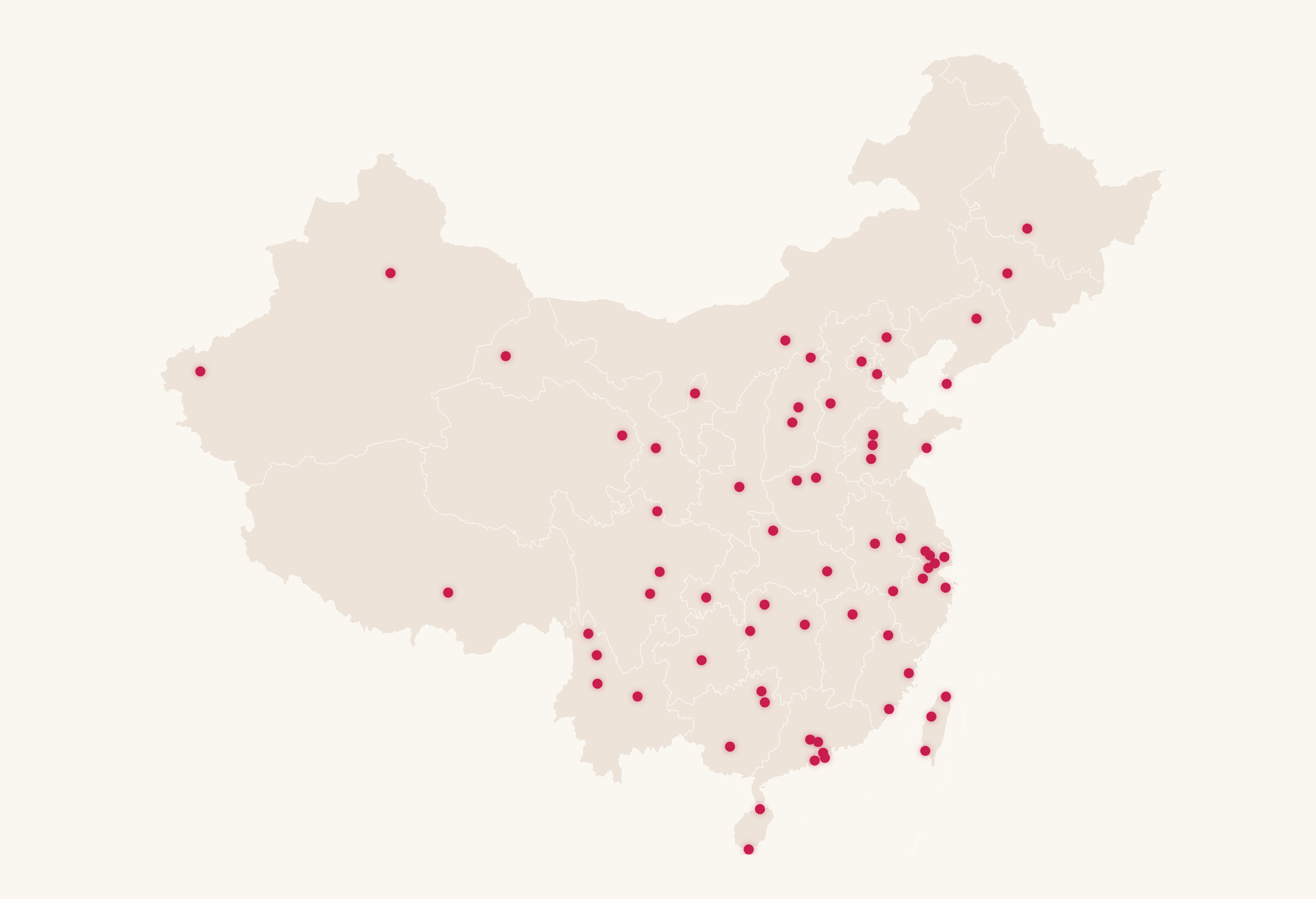 Interactive SVG map of China with a branded dot on each covered city, dense in the east and sparse in the west